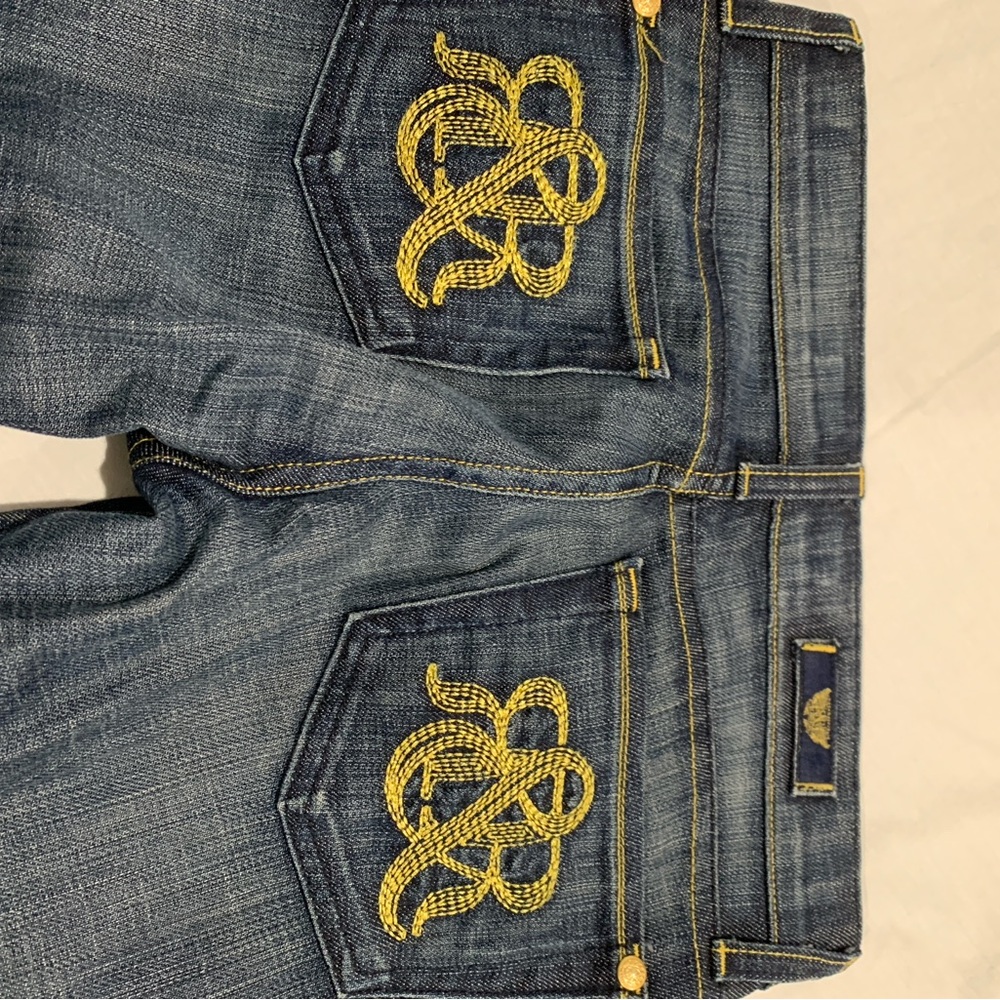 Rock & Republic Blue and Gold Flare Jeans with Intricate Embroidery